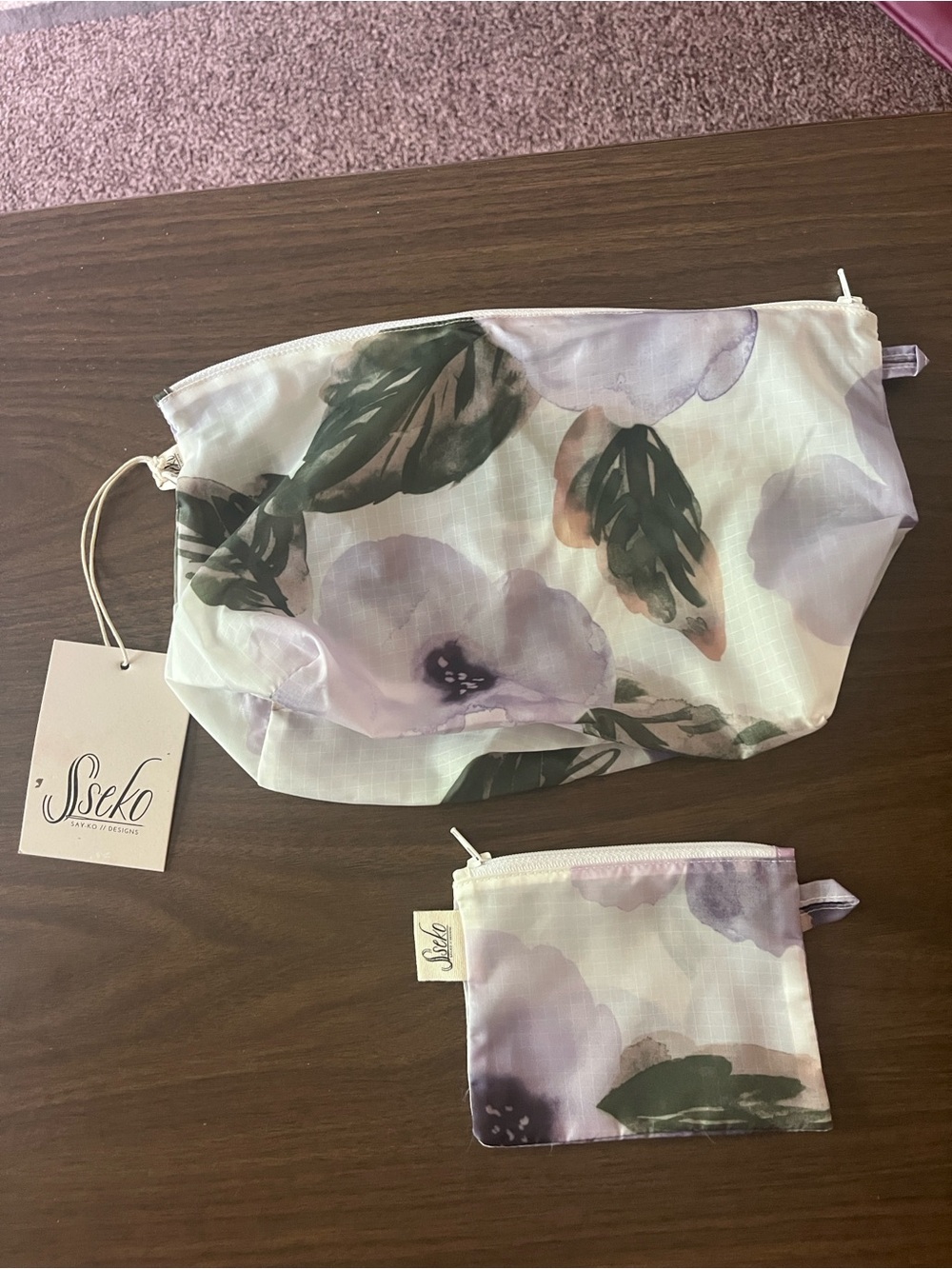 Sseko White Floral Cosmetic Pouch Set with Lavender and Green Accents